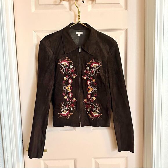 Illia Brown Leather Jacket with Floral Embroidery - Picture 1 of 6